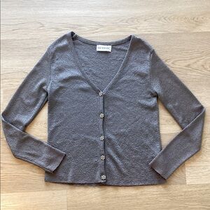 Holt Renfrew Silver Metallic Knit Cardigan | Designer V-Neck Button Sweater